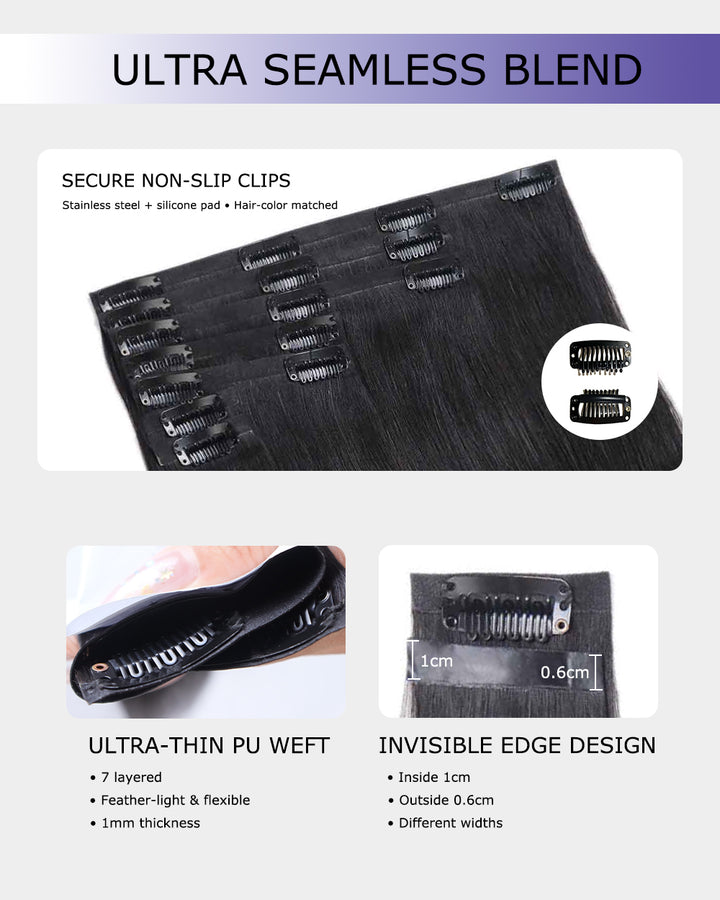 eullair Kinky Straight PU Clip In Hair Extensions 250g 14PCS | Seamless Invisible Skin Weft