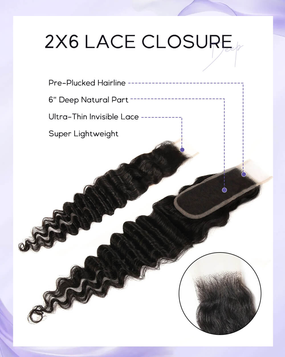 eullair 2x6 Deep Part Lace Closure with 3 Bundles Deep Wave Hair - Glueless Pre-Plucked Virgin Hair Bundle Deals