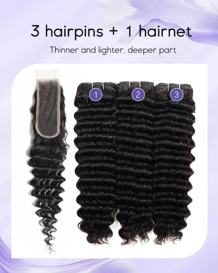 eullair 2x6 Deep Part Lace Closure with 3 Bundles Deep Wave Hair - Glueless Pre-Plucked Virgin Hair Bundle Deals