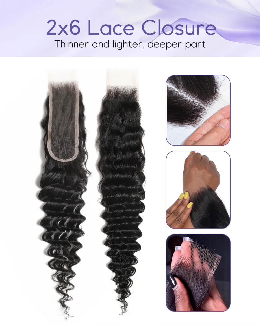 eullair 2x6 Deep Part Lace Closure with 3 Bundles Deep Wave Hair - Glueless Pre-Plucked Virgin Hair Bundle Deals