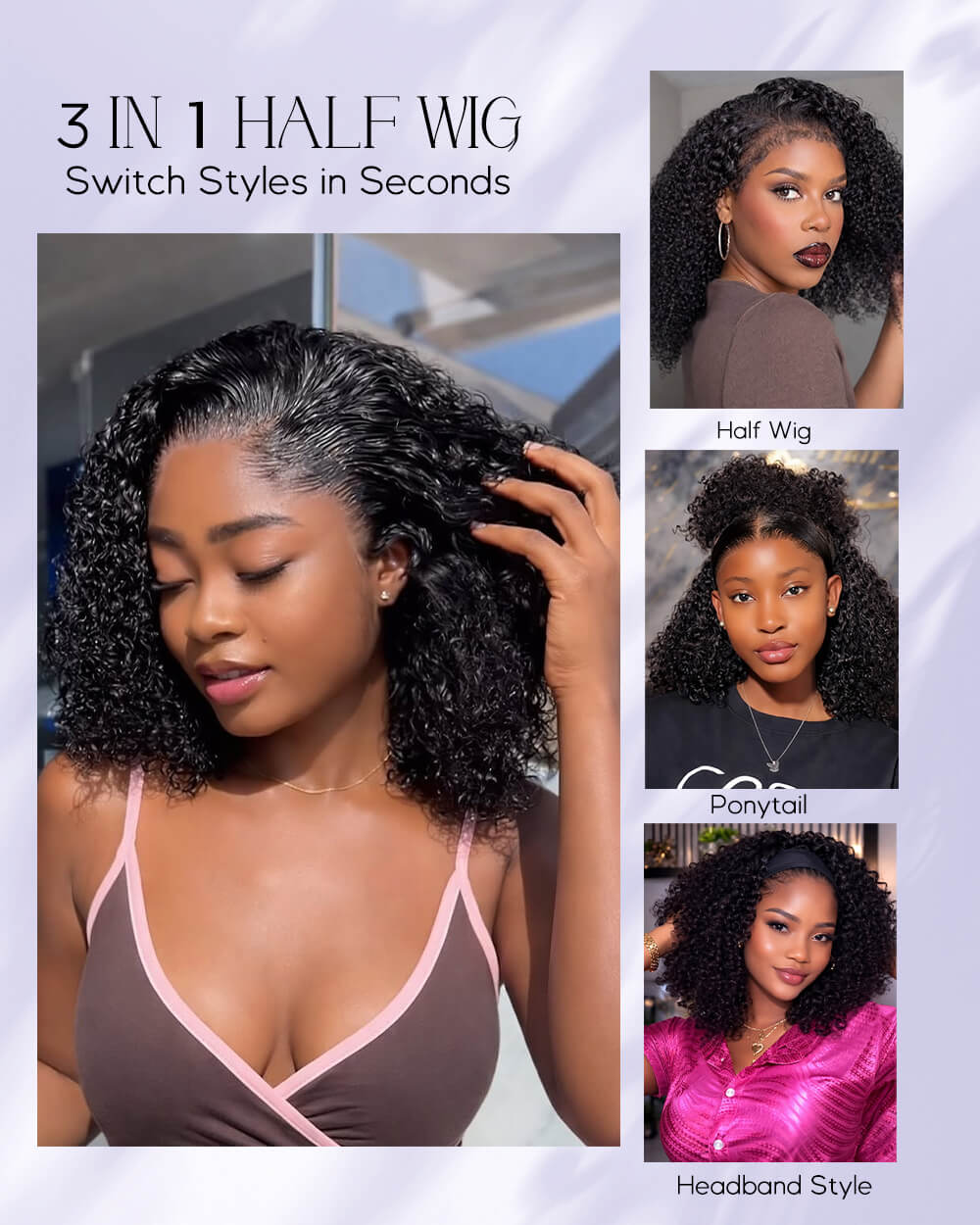 eullair Highlight Curly Drawstring Half Wig 3 in 1 Human Hair Adjustable Natural Blend