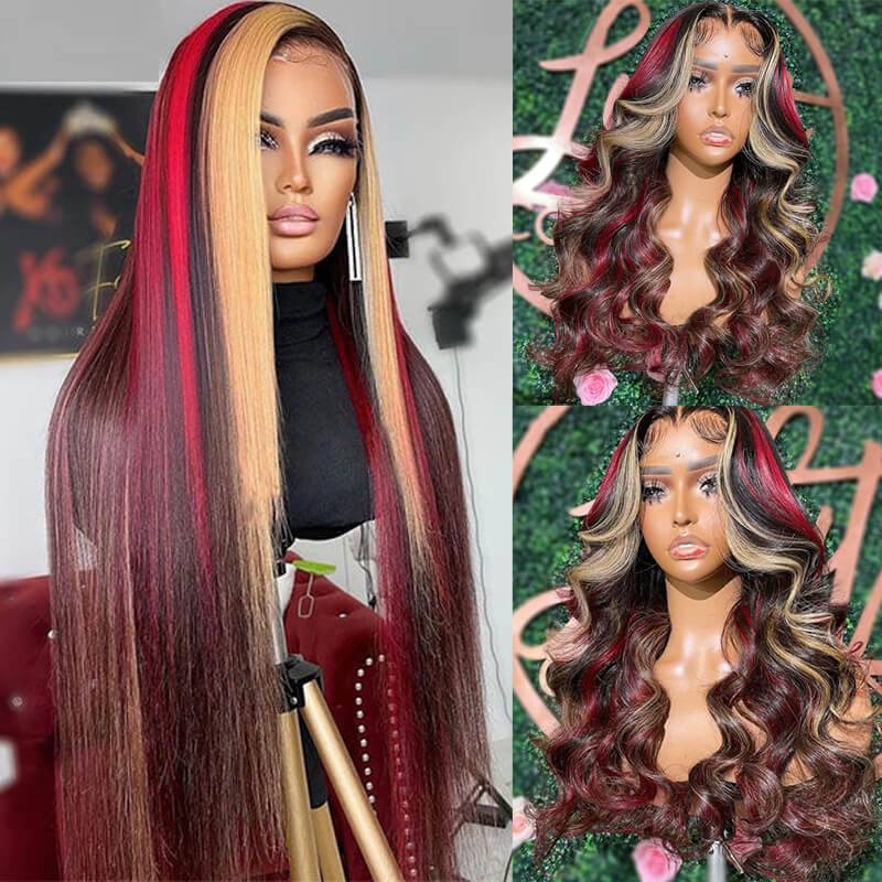 eullair Black with Red and Blonde Straight Highlights 3 Colors Balayage Body Wave Lace Frontal Wig