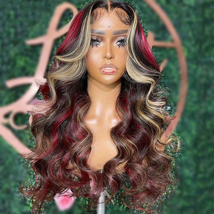 eullair Black with Red and Blonde Straight Highlights 3 Colors Balayage Body Wave Lace Frontal Wig