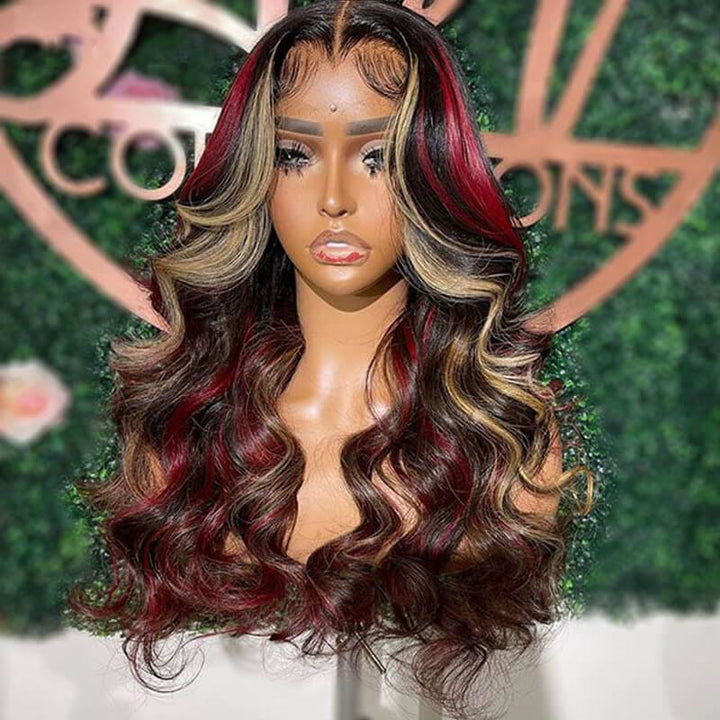 eullair Black with Red and Blonde Straight Highlights 3 Colors Balayage Body Wave Lace Frontal Wig