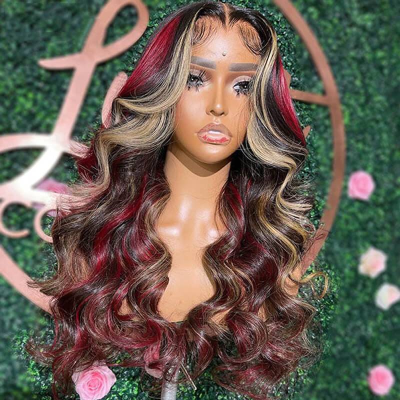 eullair Black with Red and Blonde Straight Highlights 3 Colors Balayage Body Wave Lace Frontal Wig