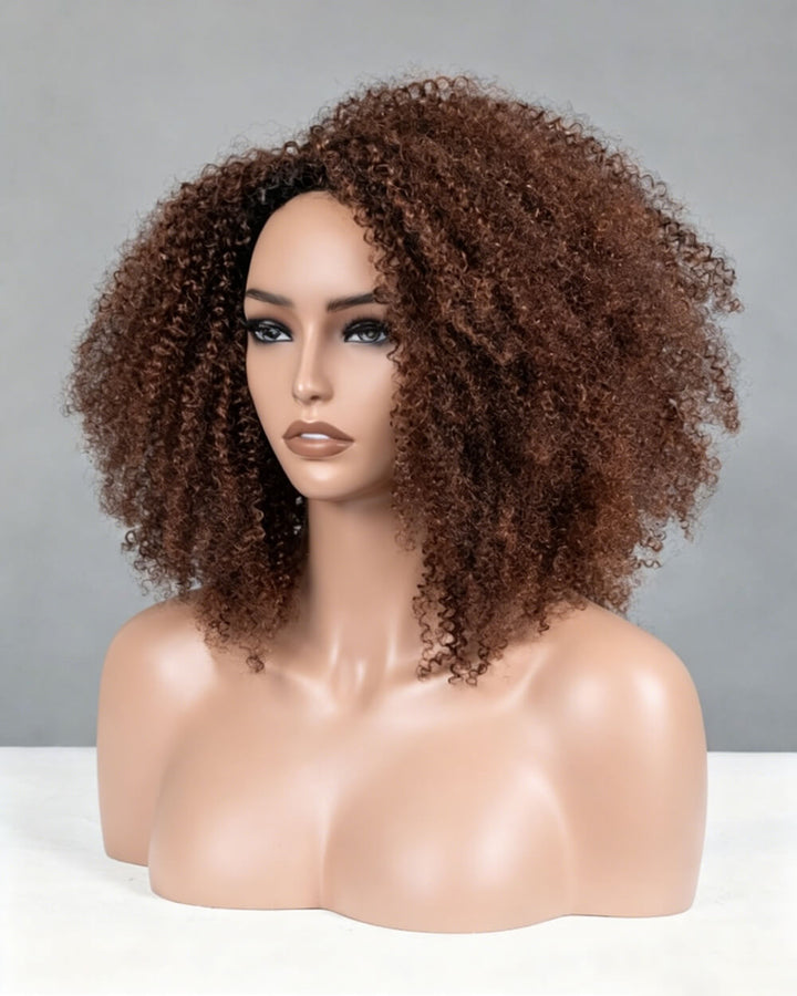 eullair 3 in 1 Half Wig Brown Coily & Curly Human Hair Versatile Natural Volume