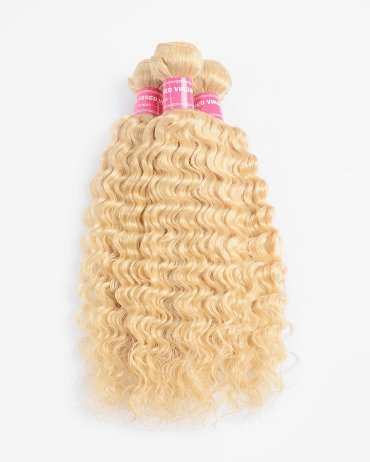 eullair 613 Blonde Deep Wave Hair Extensions 3 Bundles With Lace Closure Premium Virgin Human Hair