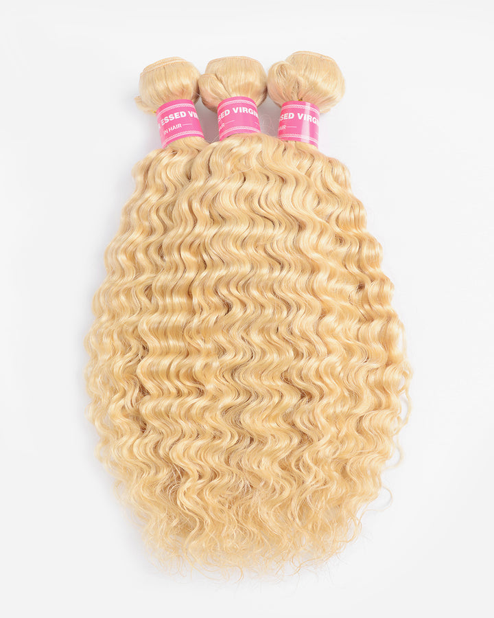 eullair 613 Blonde Deep Wave Hair Extensions 3 Bundles With Lace Closure Premium Virgin Human Hair