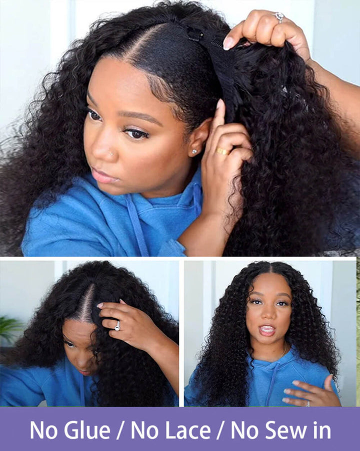 eullair Deep Wave V Part Wig With Elastic Drawstring Human Hair Wig Beginner Friendly No Leave Out No Gel