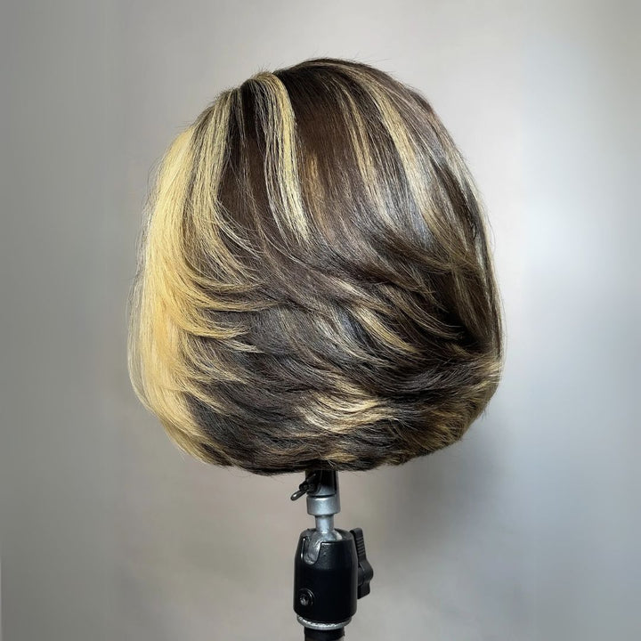 eullair Blonde Highlight Color Layer Bob Wigs Natural 13x4 Lace Frontal Human Hair Wigs 250% Density