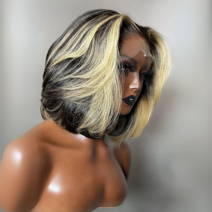 eullair Blonde Highlight Color Layer Bob Wigs Natural 13x4 Lace Frontal Human Hair Wigs 250% Density
