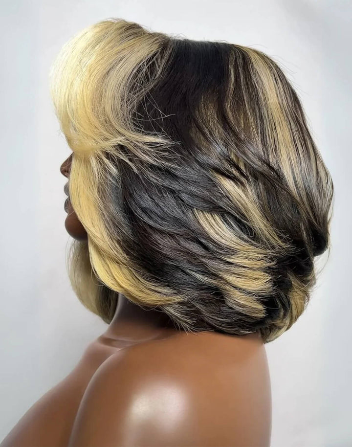 eullair Blonde Highlight Color Layer Bob Wigs Natural 13x4 Lace Frontal Human Hair Wigs 250% Density