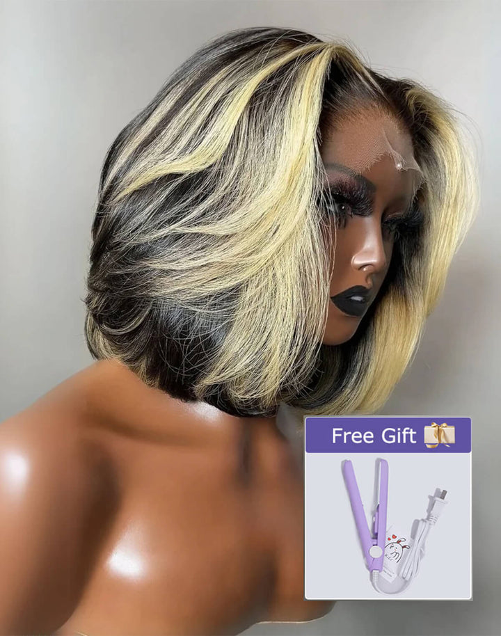 eullair Blonde Highlight Color Layer Bob Wigs Natural 13x4 Lace Frontal Human Hair Wigs 250% Density