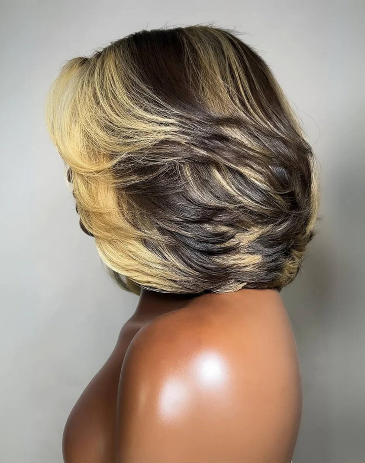 eullair Blonde Highlight Color Layer Bob Wigs Natural 13x4 Lace Frontal Human Hair Wigs 250% Density