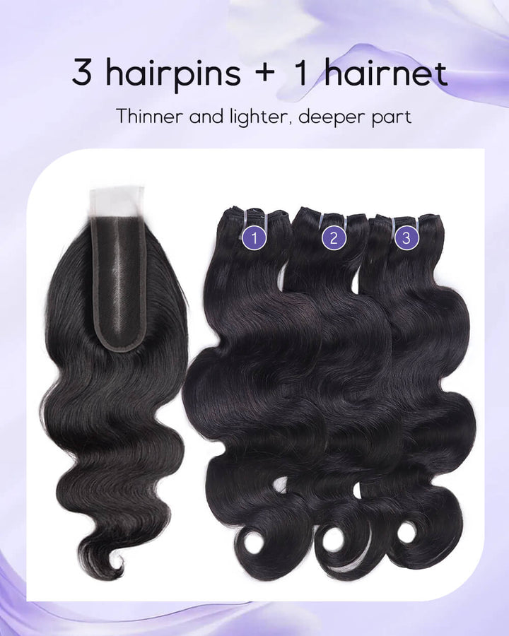 eullair Body Wave 3 Bundles with 2x6 Closure 100% Human Hair Bundles