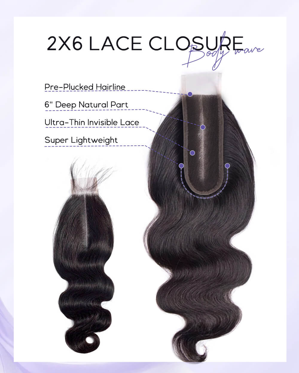 eullair Body Wave 3 Bundles with 2x6 Closure 100% Human Hair Bundles