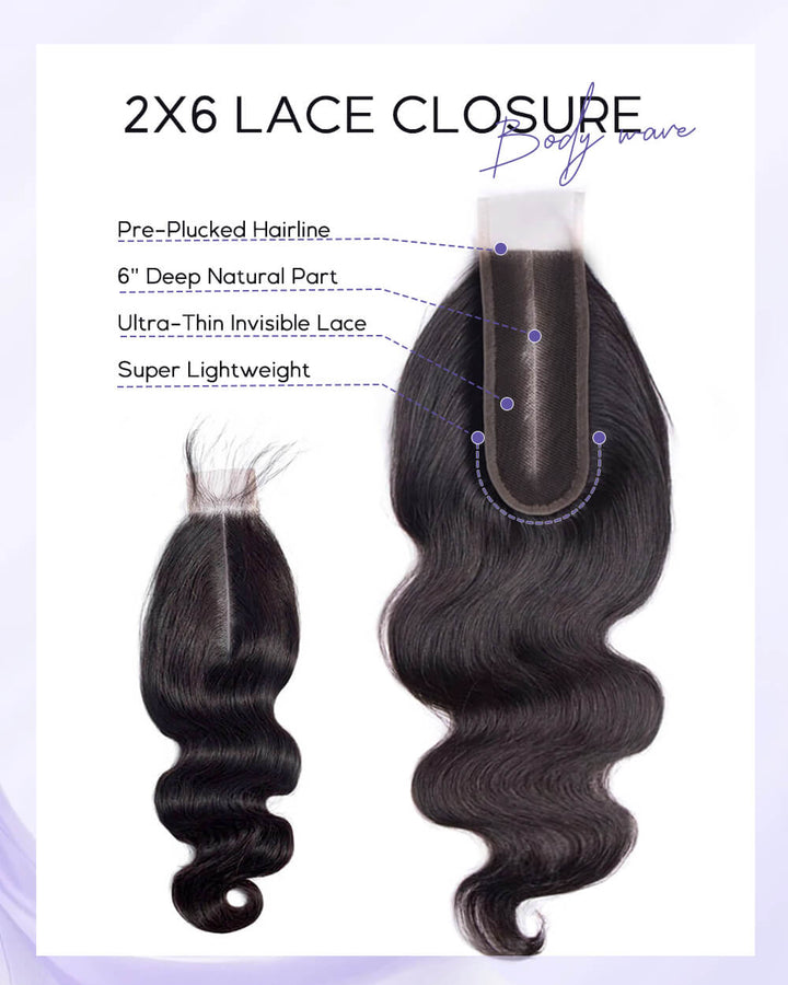 eullair Body Wave 3 Bundles with 2x6 Closure 100% Human Hair Bundles