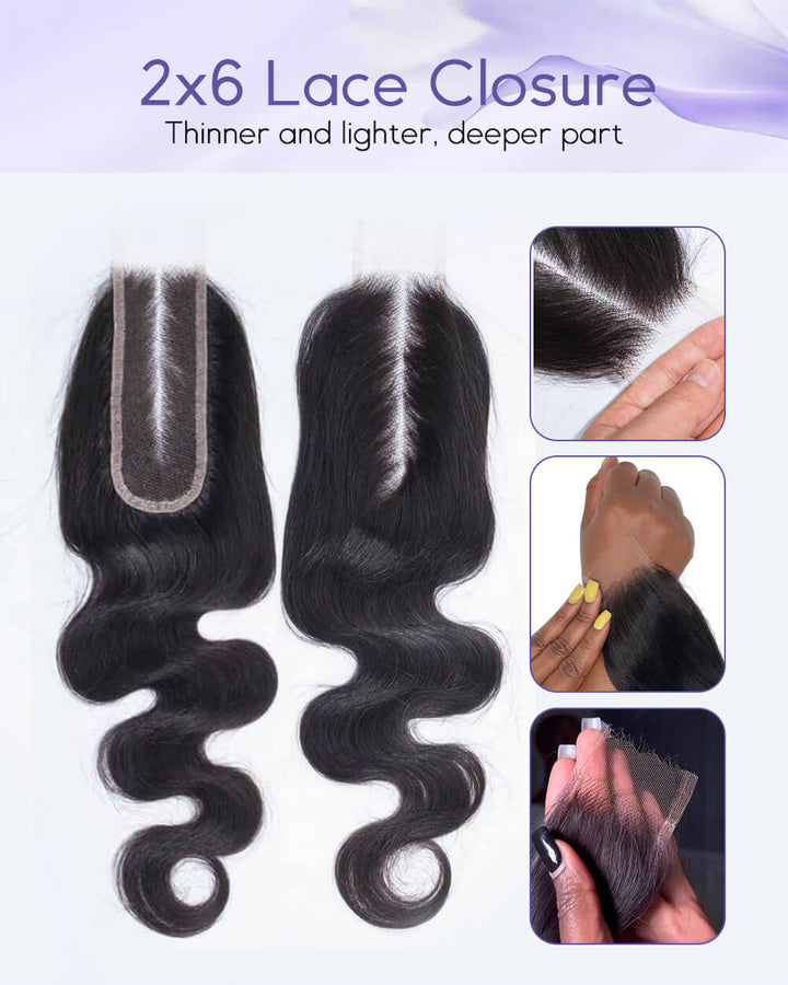 eullair Body Wave 3 Bundles with 2x6 Closure 100% Human Hair Bundles