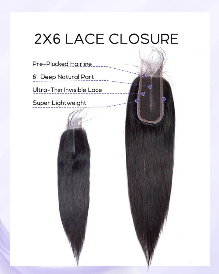 1 Piece Virgin Human Hair 2x6 HD Lace Closure Natural Black 10-20 Inches Raw Hair