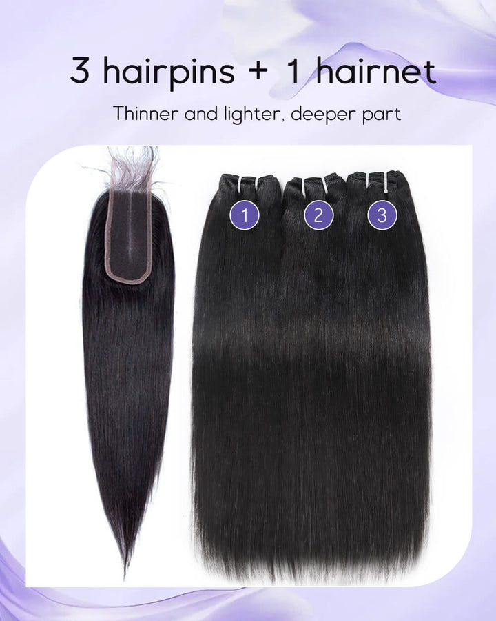 eullair Raw Hair Bone Straight 3 Bundles with 2x6 Lace Closure 100% Raw Human Hair