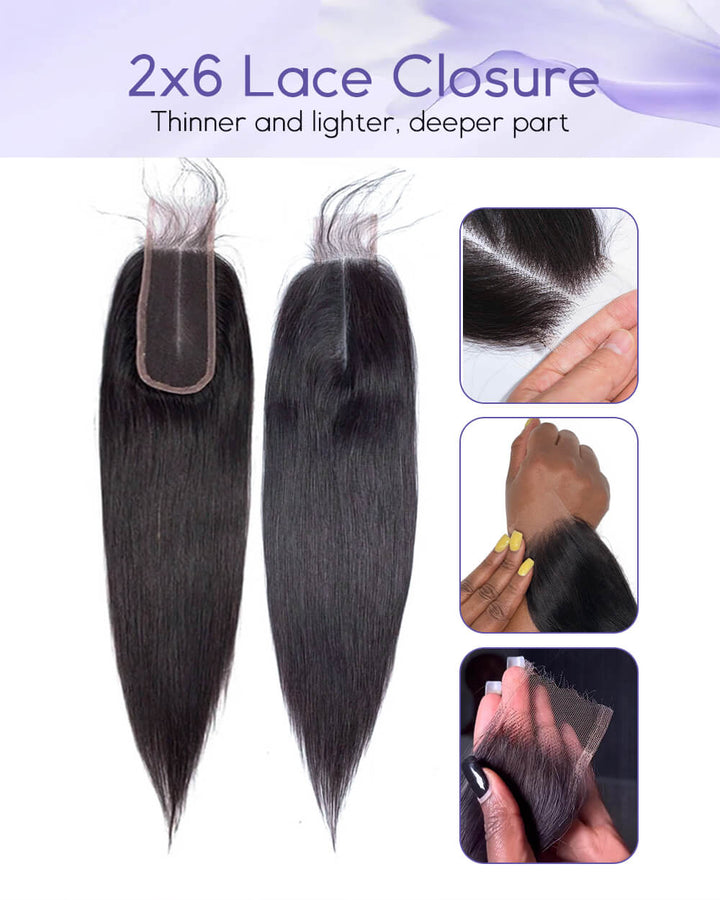 eullair Raw Hair Bone Straight 3 Bundles with 2x6 Lace Closure 100% Raw Human Hair