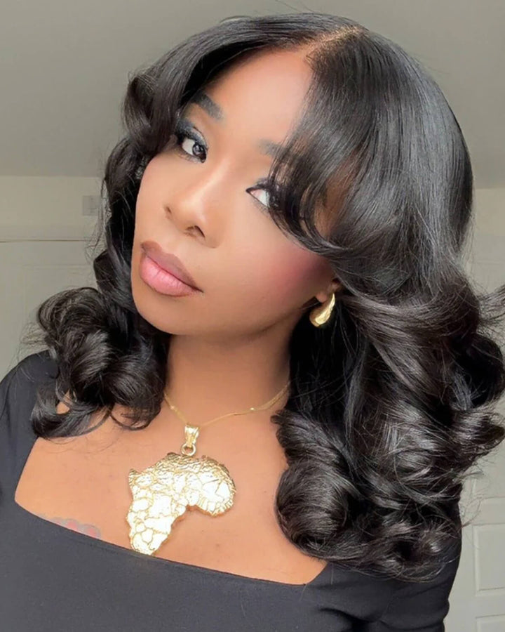 eullair Bouncy Wave Put On Go Glueless Wig 9x6 Pre Cut Short Bob Wig With Curtain Bangs Human Hair Wigs