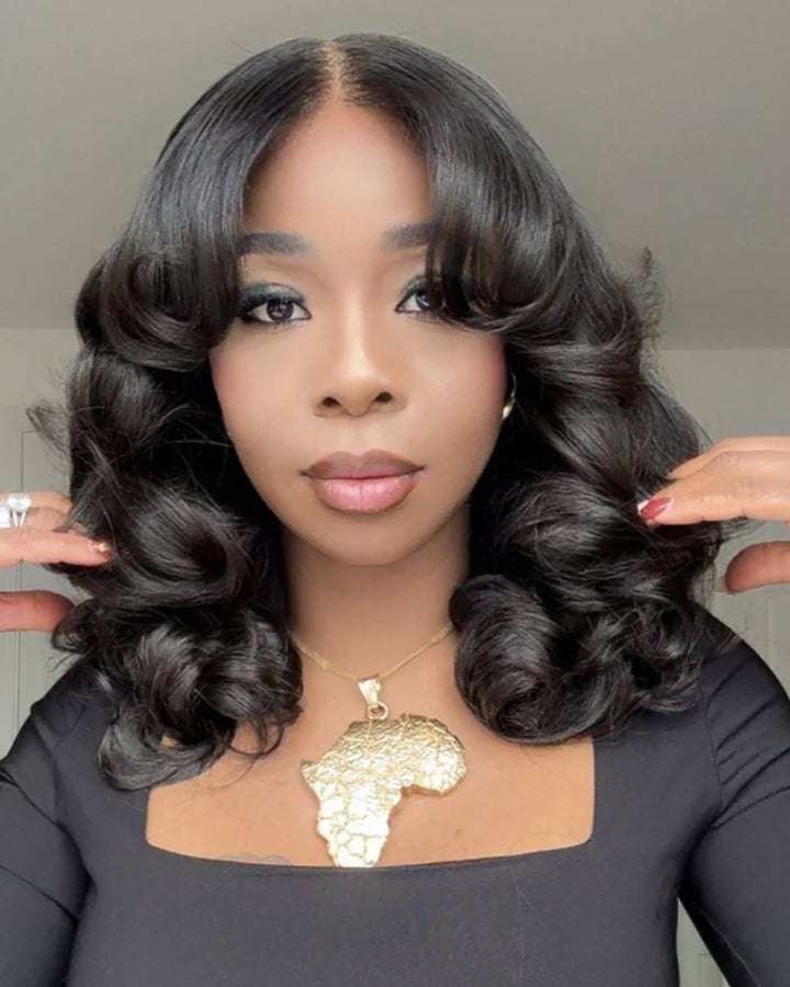 eullair Bouncy Wave Put On Go Glueless Wig 9x6 Pre Cut Short Bob Wig With Curtain Bangs Human Hair Wigs