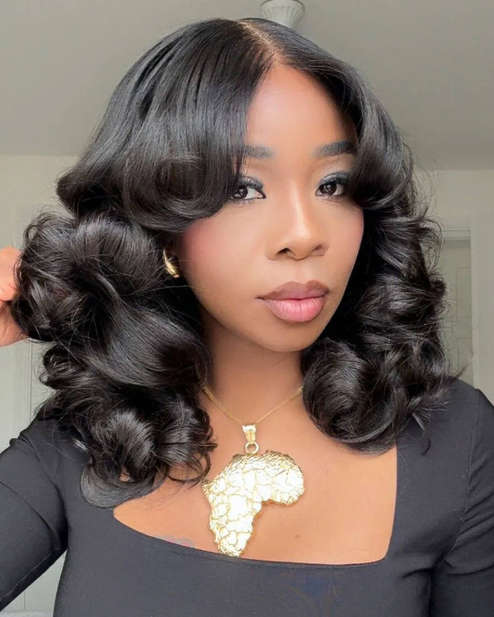 eullair Bouncy Wave Put On Go Glueless Wig 9x6 Pre Cut Short Bob Wig With Curtain Bangs Human Hair Wigs