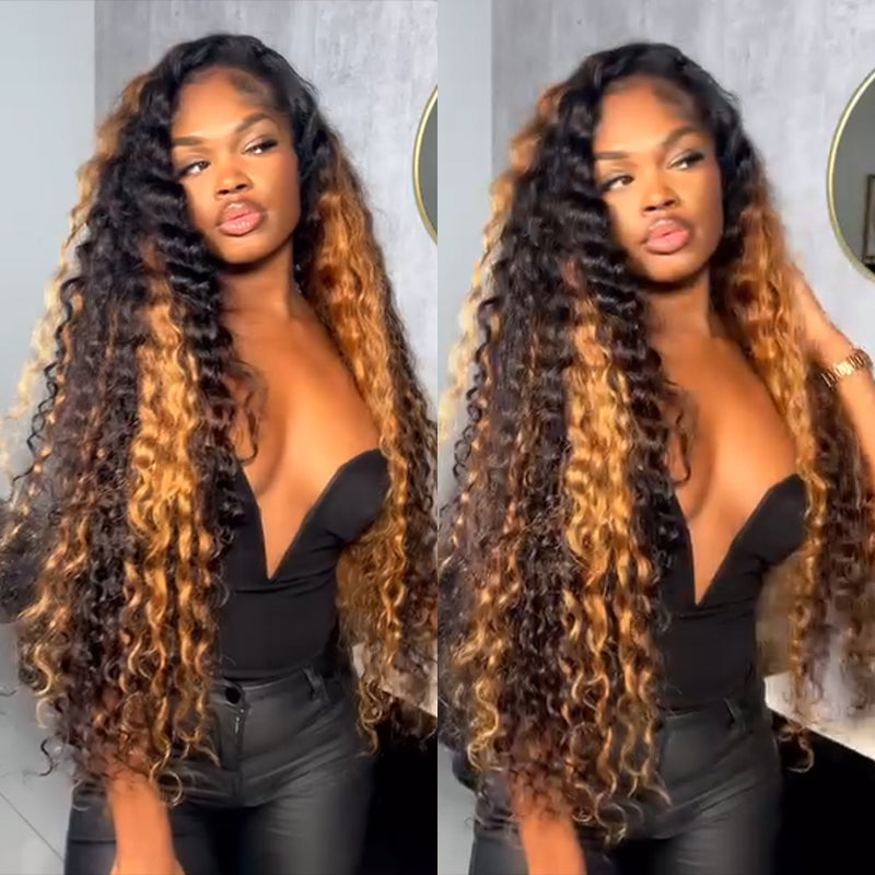 eullair Brown With Blonde Loose Deep Wave Human Hair Wig Pre Colored Transparent HD Lace Lace Frontal Wig For Women