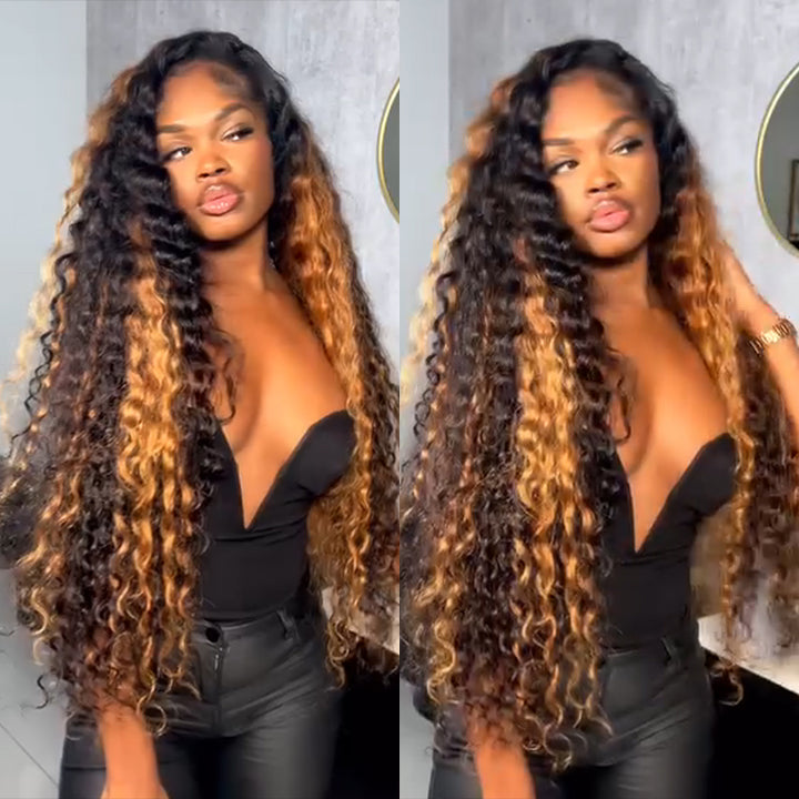 eullair Brown With Blonde Loose Deep Wave Human Hair Wig Pre Colored Transparent HD Lace Lace Frontal Wig For Women