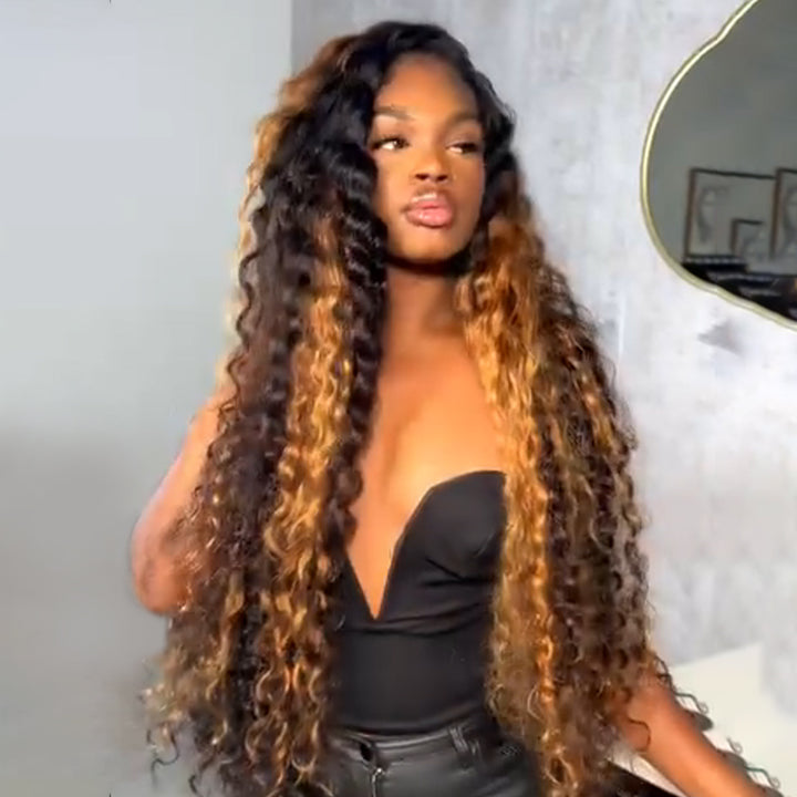 eullair Brown With Blonde Loose Deep Wave Human Hair Wig Pre Colored Transparent HD Lace Lace Frontal Wig For Women