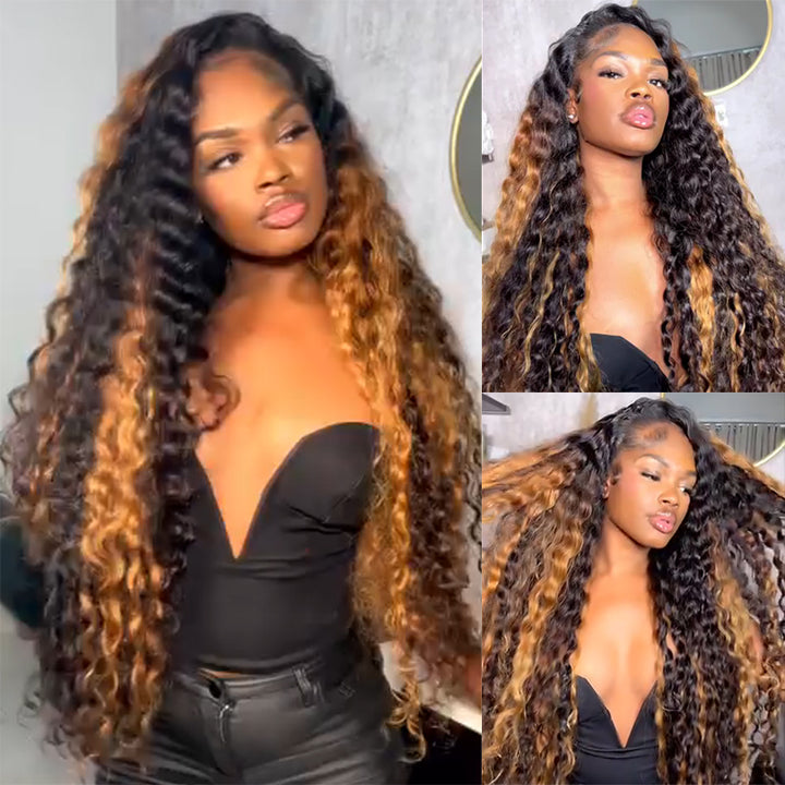 eullair Brown With Blonde Loose Deep Wave Human Hair Wig Pre Colored Transparent HD Lace Lace Frontal Wig For Women