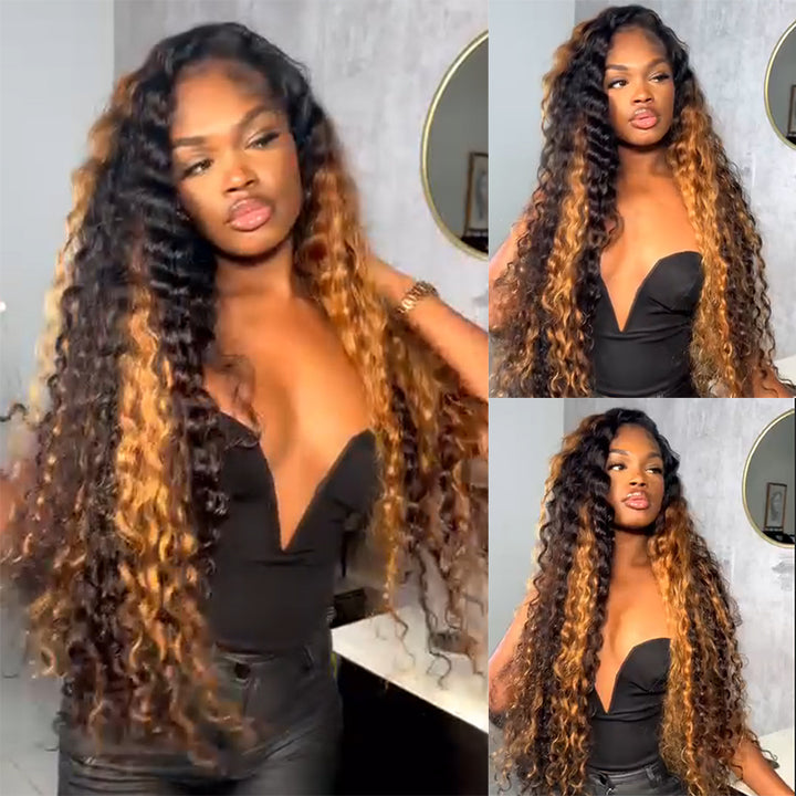 eullair Brown With Blonde Loose Deep Wave Human Hair Wig Pre Colored Transparent HD Lace Lace Frontal Wig For Women