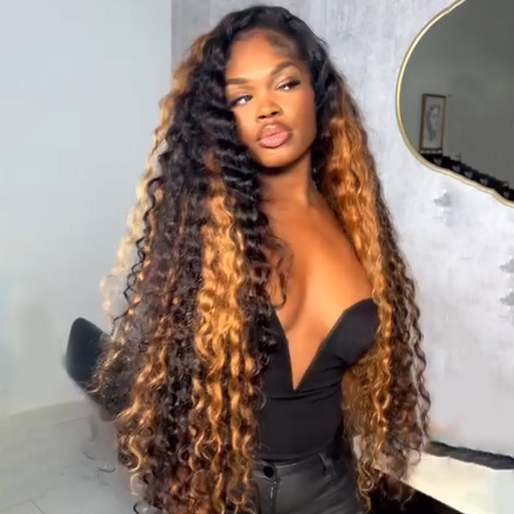 eullair Brown With Blonde Loose Deep Wave Human Hair Wig Pre Colored Transparent HD Lace Lace Frontal Wig For Women