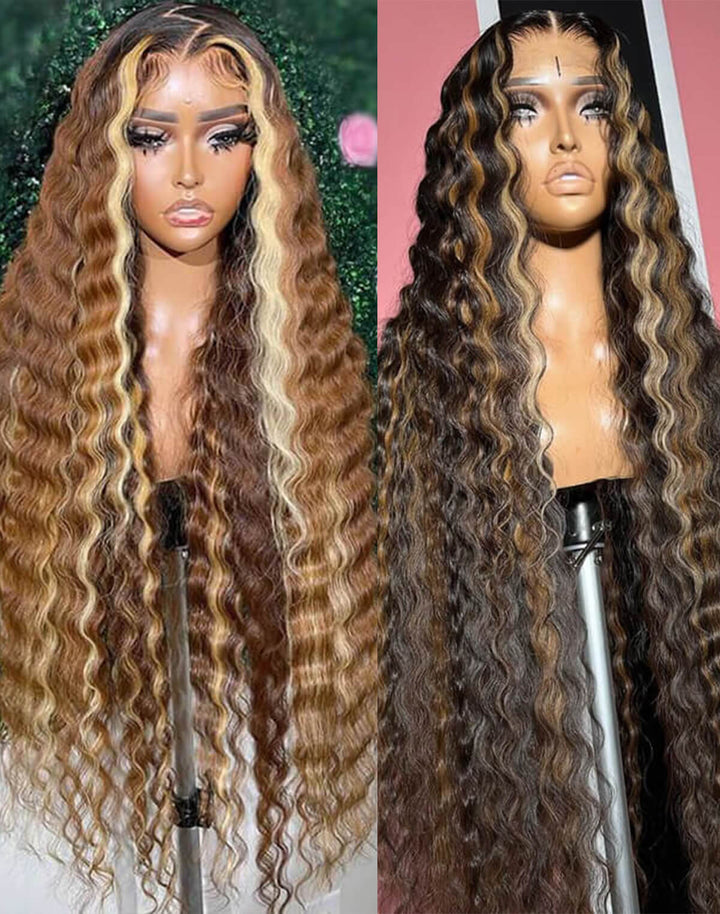 eullair Brown with Blonde Highlight Crimped Wavy Wig With Curling Iron Skunk Stripe Human Hair Lace Frontal Wig
