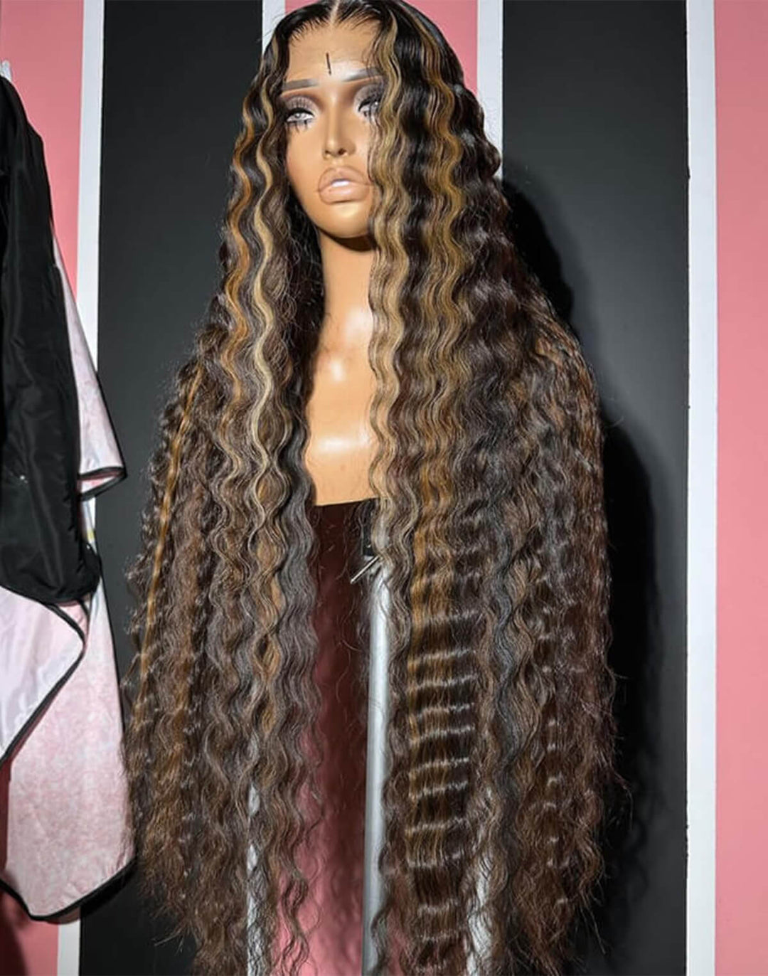 eullair Brown with Blonde Highlight Crimped Wavy Wig With Curling Iron Skunk Stripe Human Hair Lace Frontal Wig