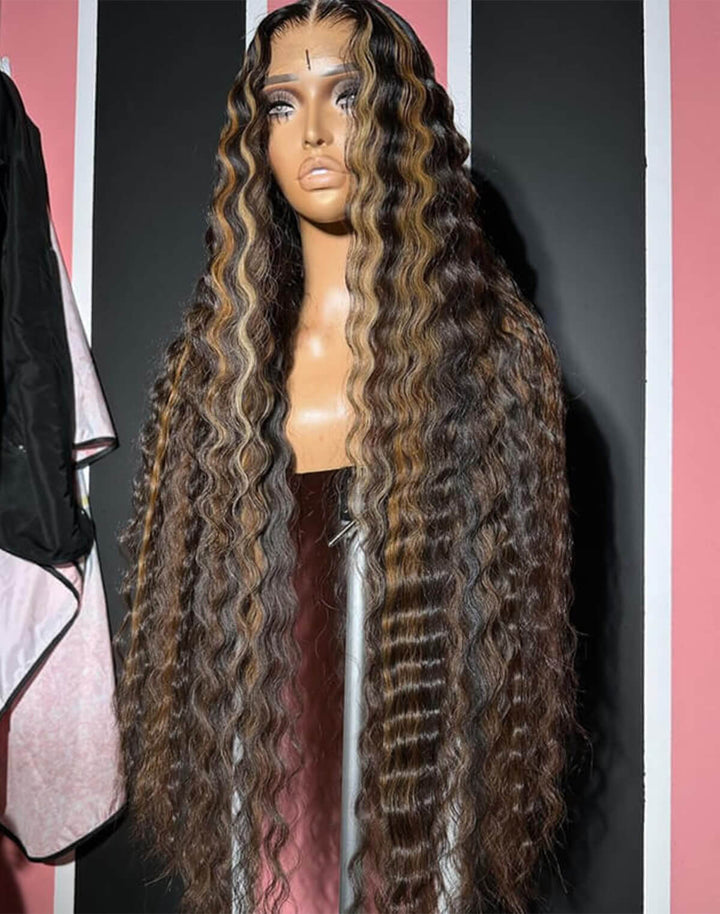 eullair Brown with Blonde Highlight Crimped Wavy Wig With Curling Iron Skunk Stripe Human Hair Lace Frontal Wig