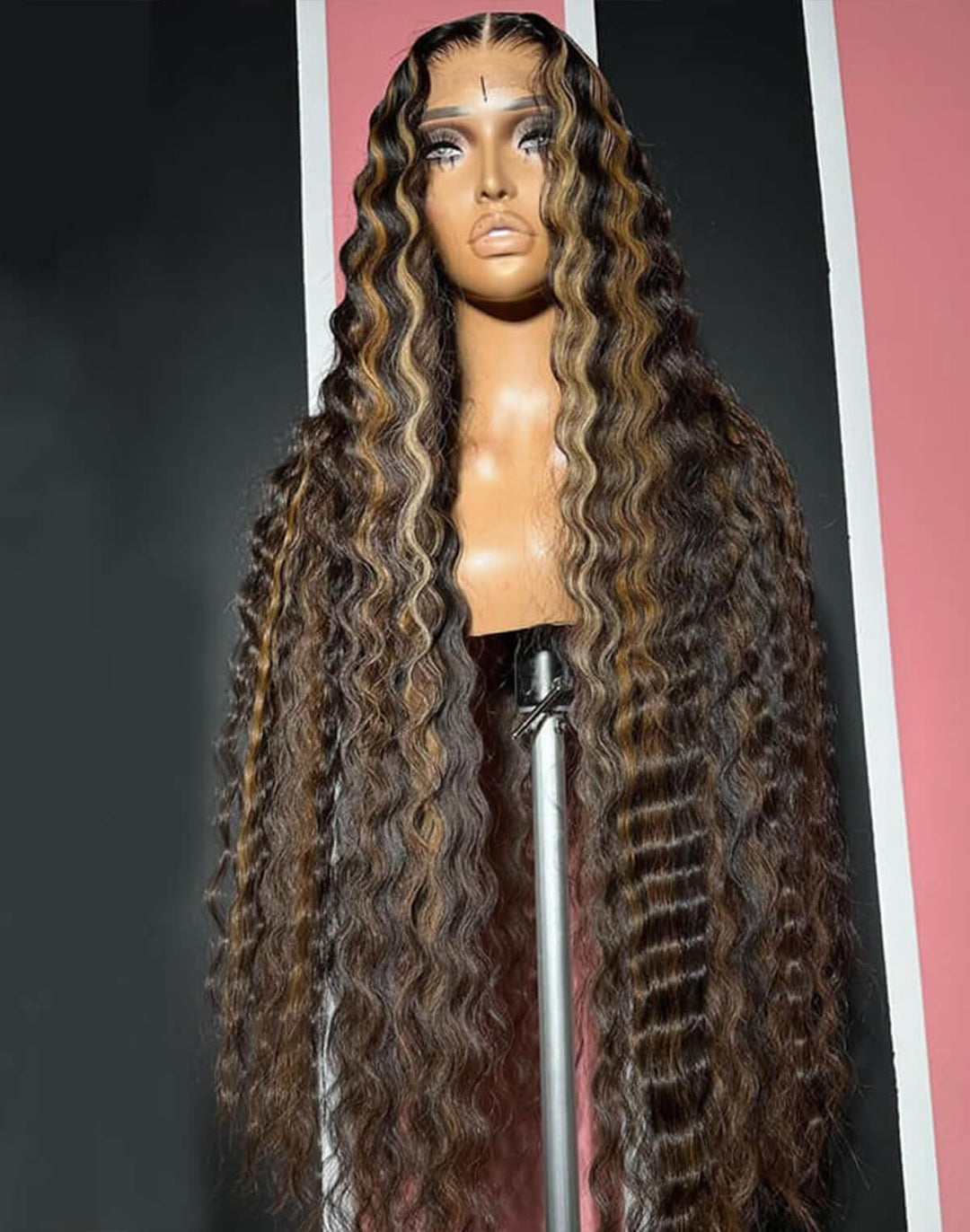 eullair Brown with Blonde Highlight Crimped Wavy Wig With Curling Iron Skunk Stripe Human Hair Lace Frontal Wig