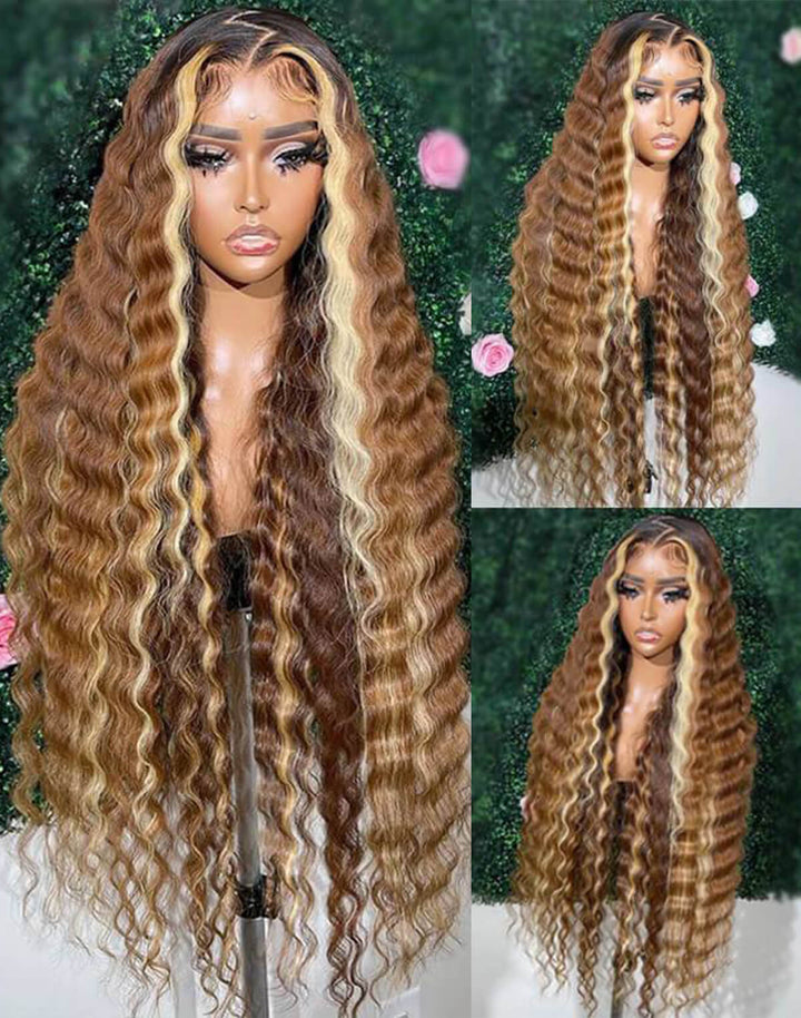 eullair Brown with Blonde Highlight Crimped Wavy Wig With Curling Iron Skunk Stripe Human Hair Lace Frontal Wig