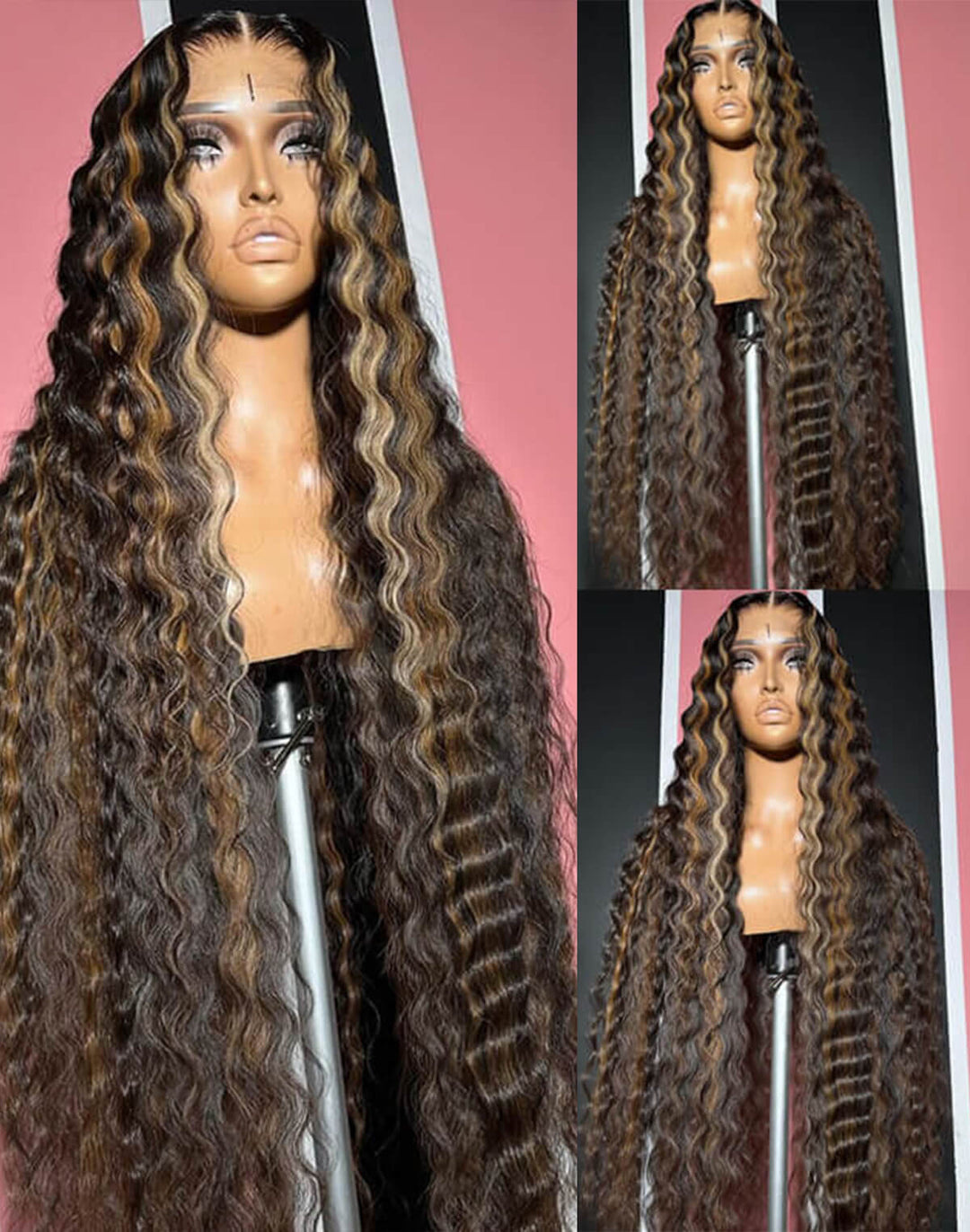 eullair Brown with Blonde Highlight Crimped Wavy Wig With Curling Iron Skunk Stripe Human Hair Lace Frontal Wig