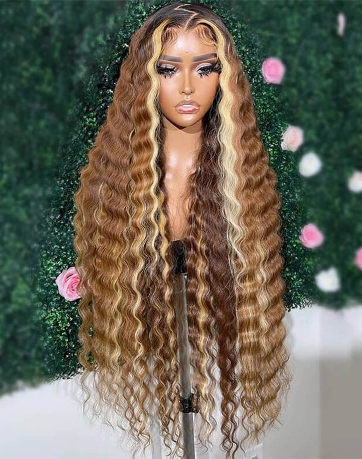 eullair Brown with Blonde Highlight Crimped Wavy Wig With Curling Iron Skunk Stripe Human Hair Lace Frontal Wig