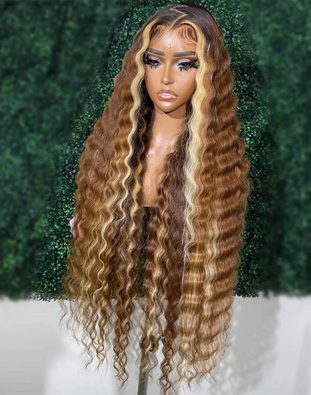 eullair Brown with Blonde Highlight Crimped Wavy Wig With Curling Iron Skunk Stripe Human Hair Lace Frontal Wig