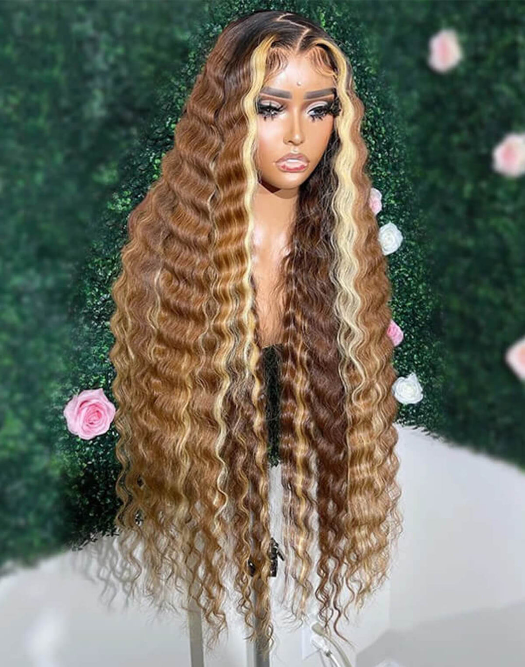eullair Brown with Blonde Highlight Crimped Wavy Wig With Curling Iron Skunk Stripe Human Hair Lace Frontal Wig
