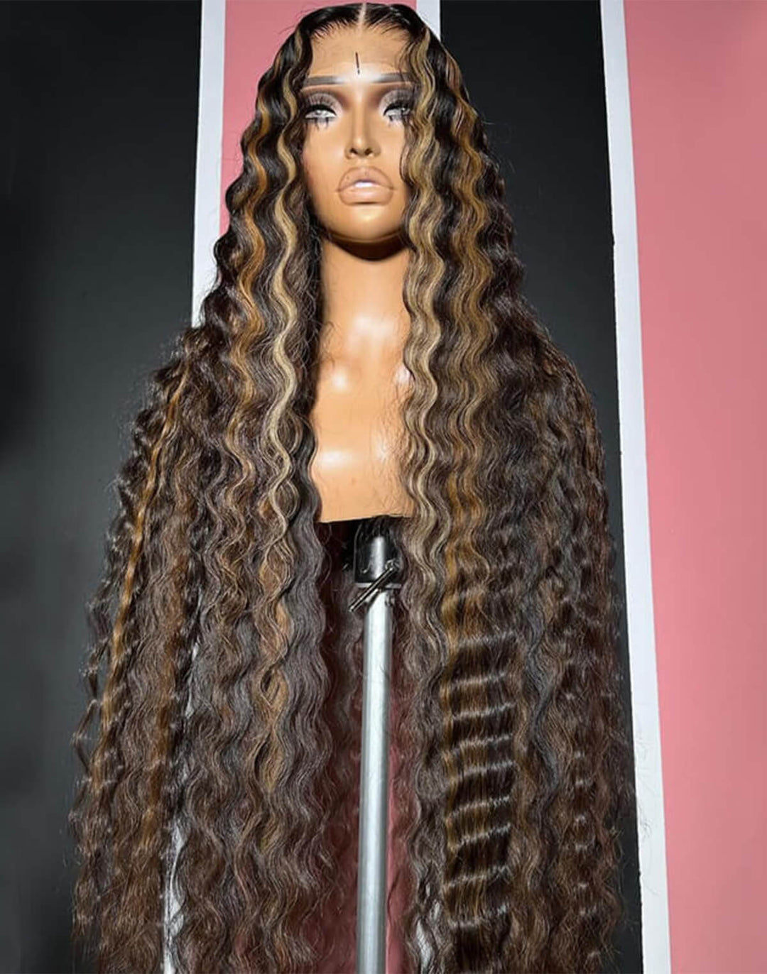 eullair Brown with Blonde Highlight Crimped Wavy Wig With Curling Iron Skunk Stripe Human Hair Lace Frontal Wig