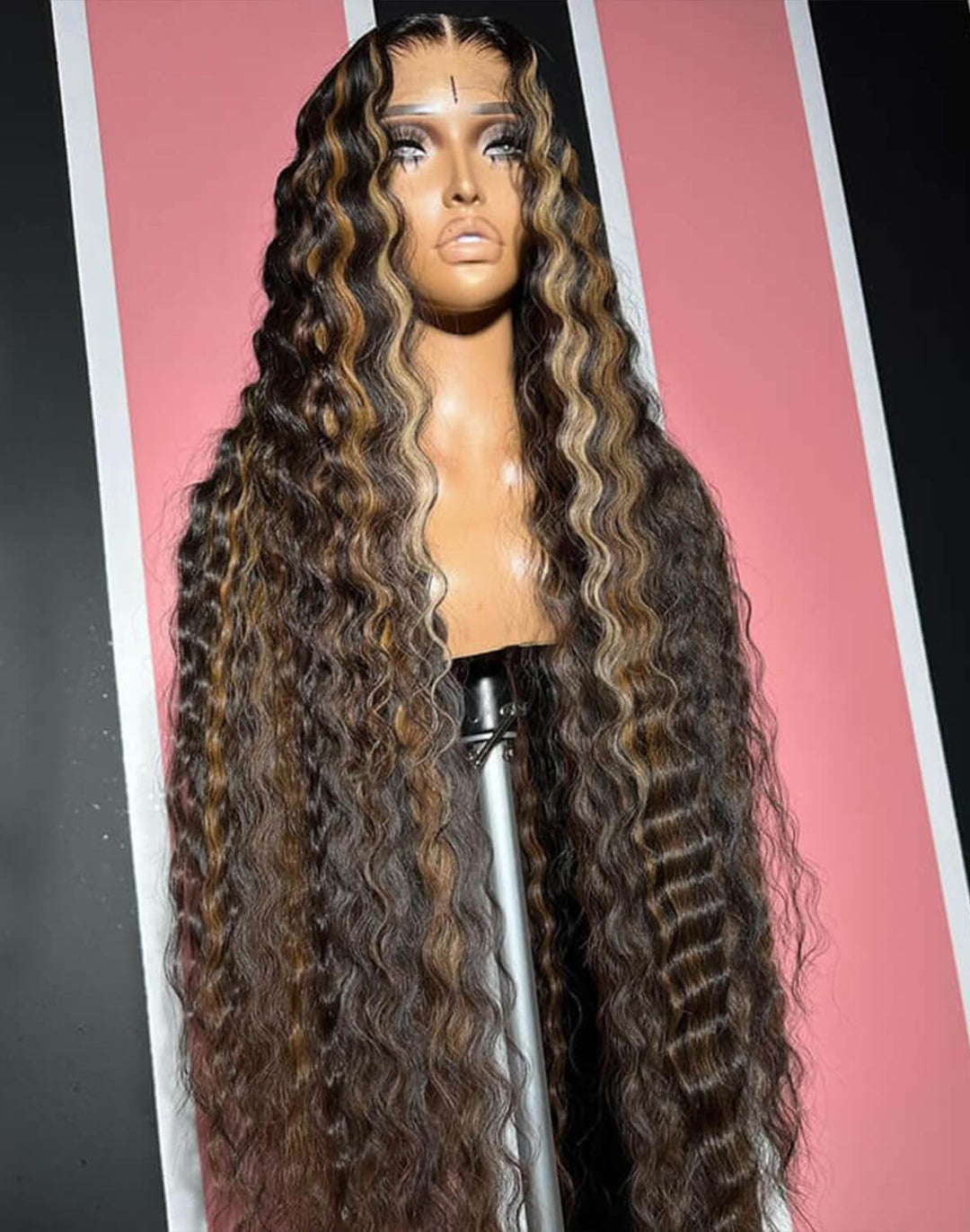 eullair Brown with Blonde Highlight Crimped Wavy Wig With Curling Iron Skunk Stripe Human Hair Lace Frontal Wig