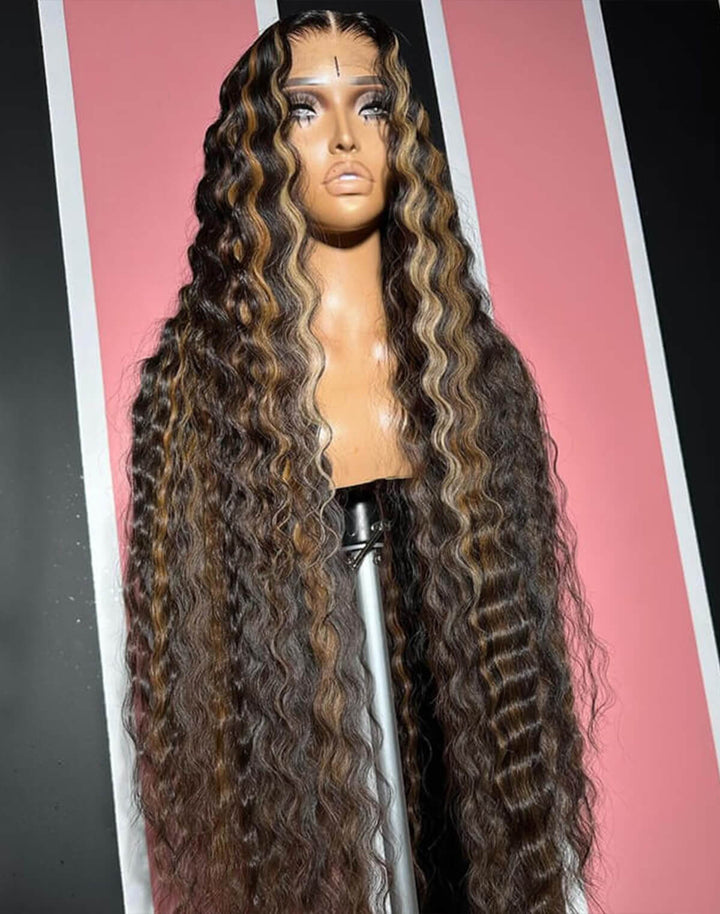 eullair Brown with Blonde Highlight Crimped Wavy Wig With Curling Iron Skunk Stripe Human Hair Lace Frontal Wig