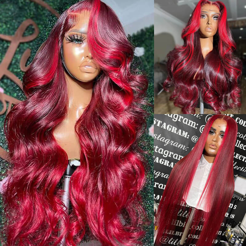 eullair Burgundy Red Highlight Body Wave Wig Skunk Stripe Lace Frontal Human Hair Wig Transparent Lace