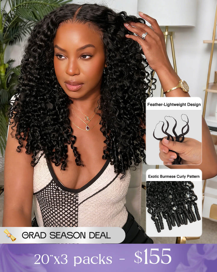 eullair Burmese Curly Hair - Lightweight 100% Human Hair Crochet Extensions