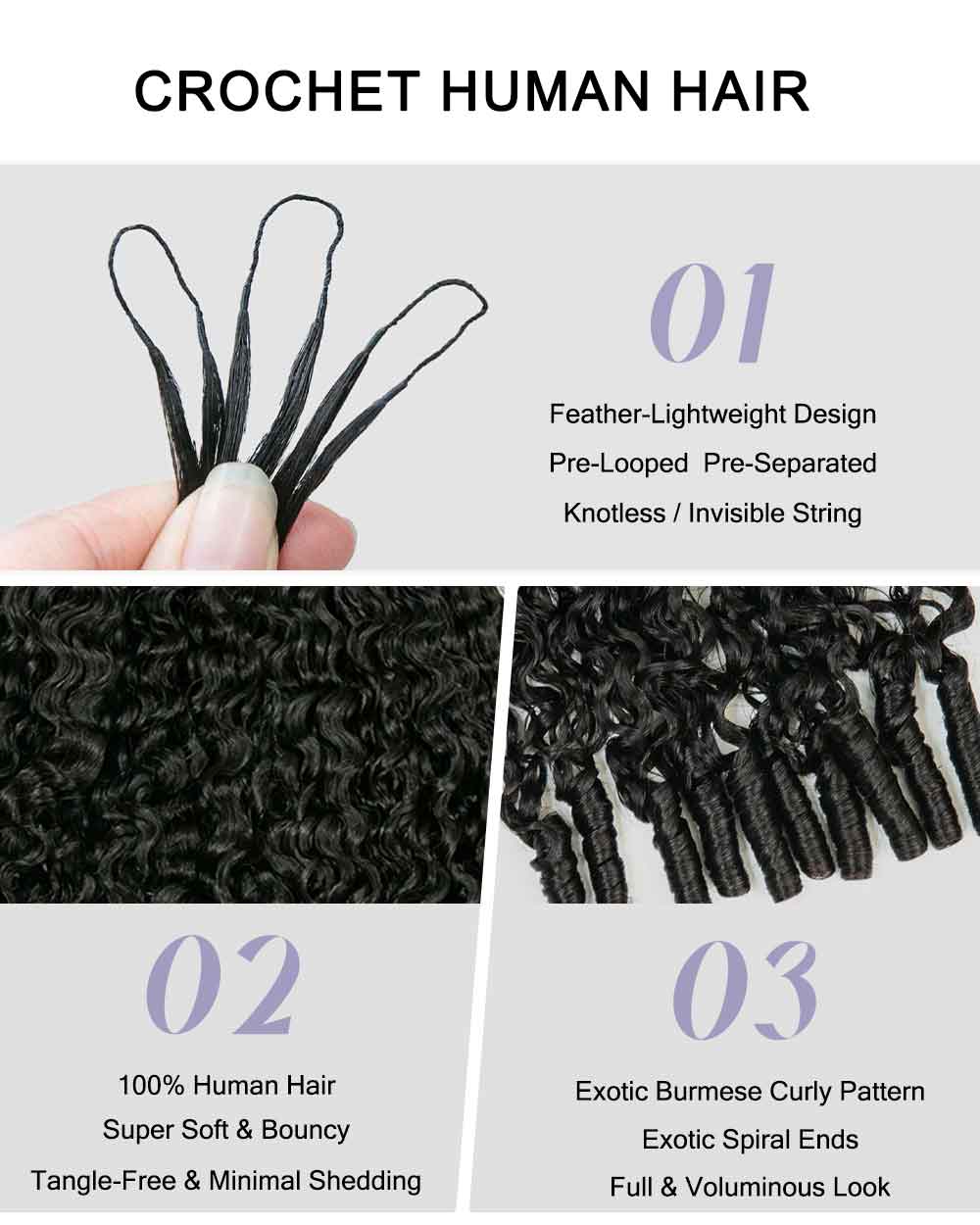 eullair Burmese Curly Hair - Lightweight 100% Human Hair Crochet Extensions