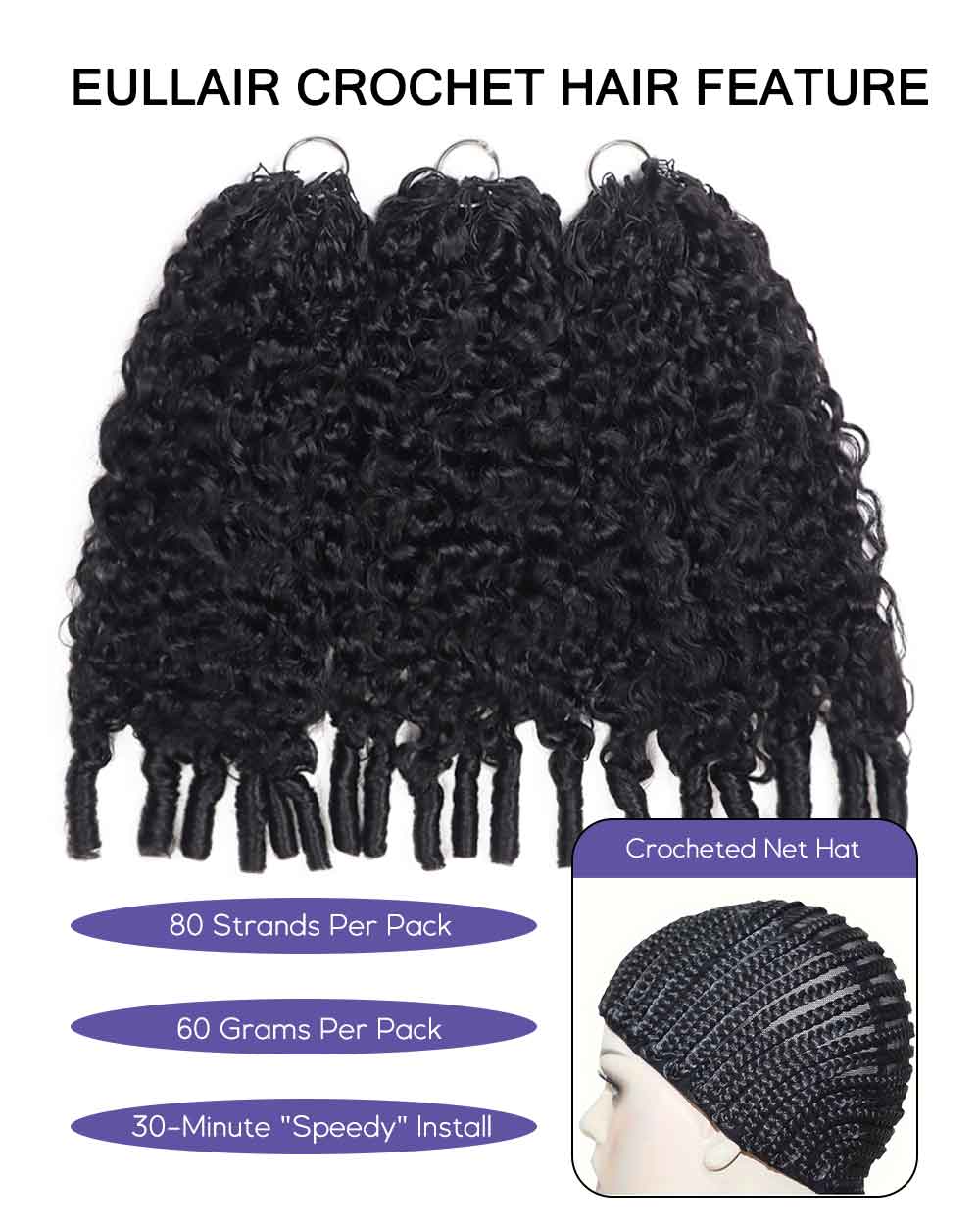 eullair Burmese Curly Hair - Lightweight 100% Human Hair Crochet Extensions